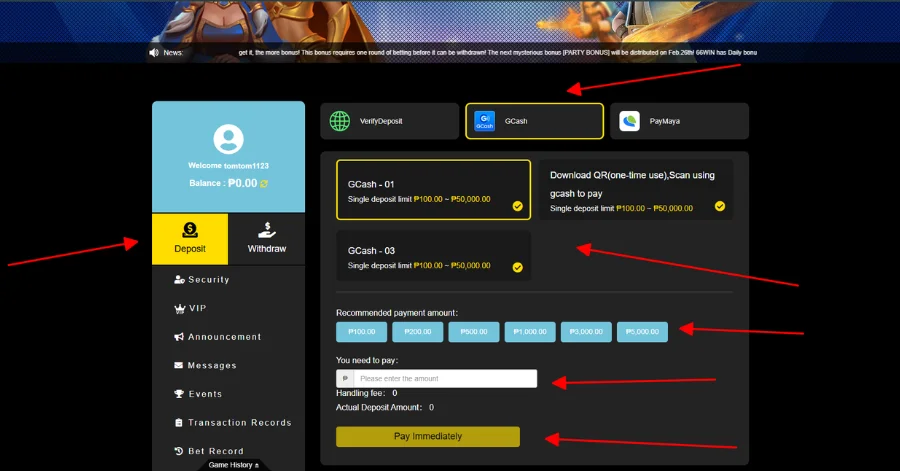 Choose payment method and enter amount of money to deposit