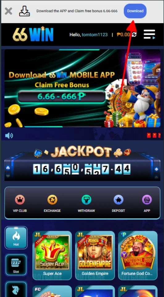 Go to 66WIN and click Download on Mobile